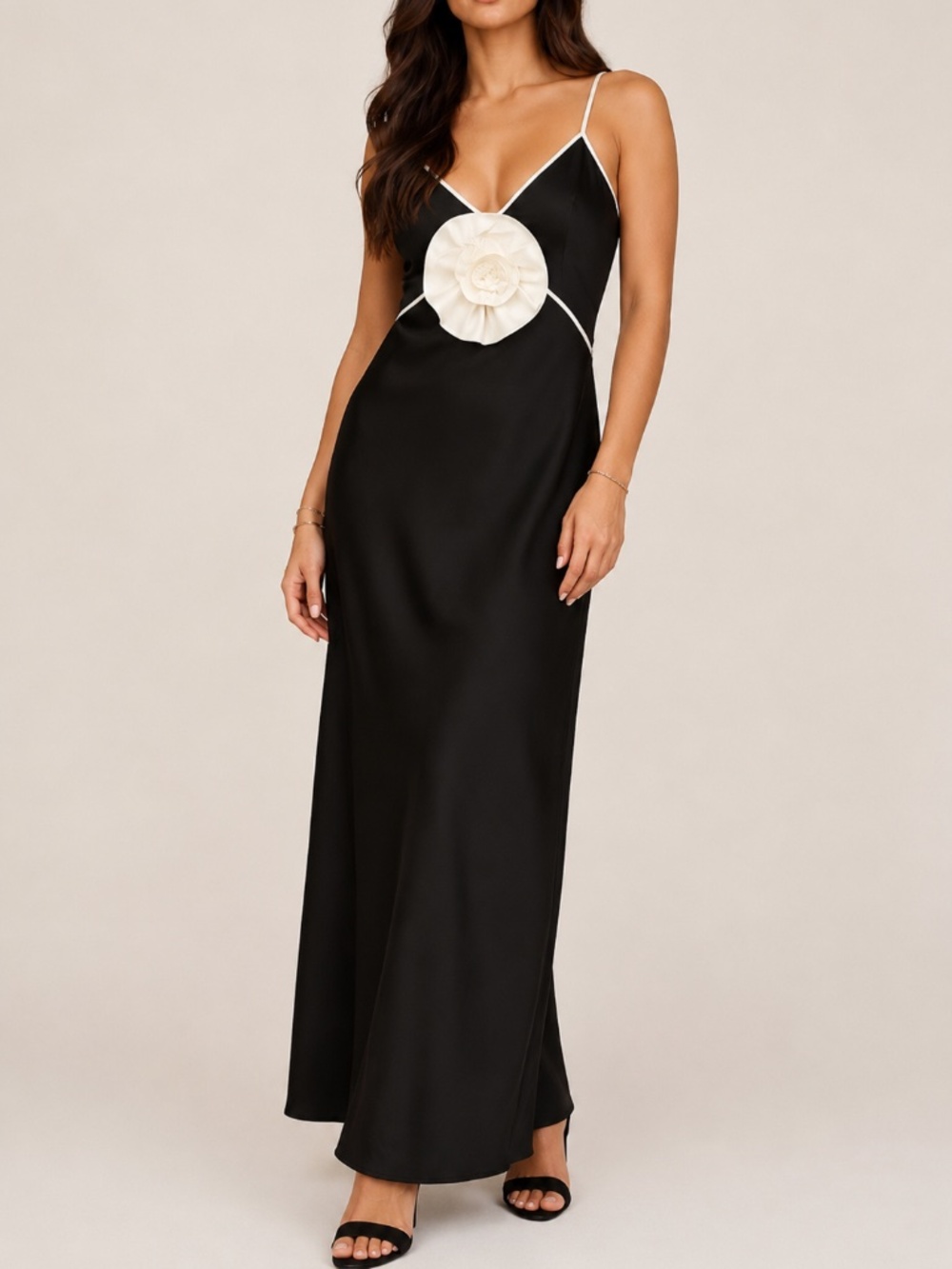 Gianni Bini Stephanie Rosette Maxi Dress Black Slip Dress 10